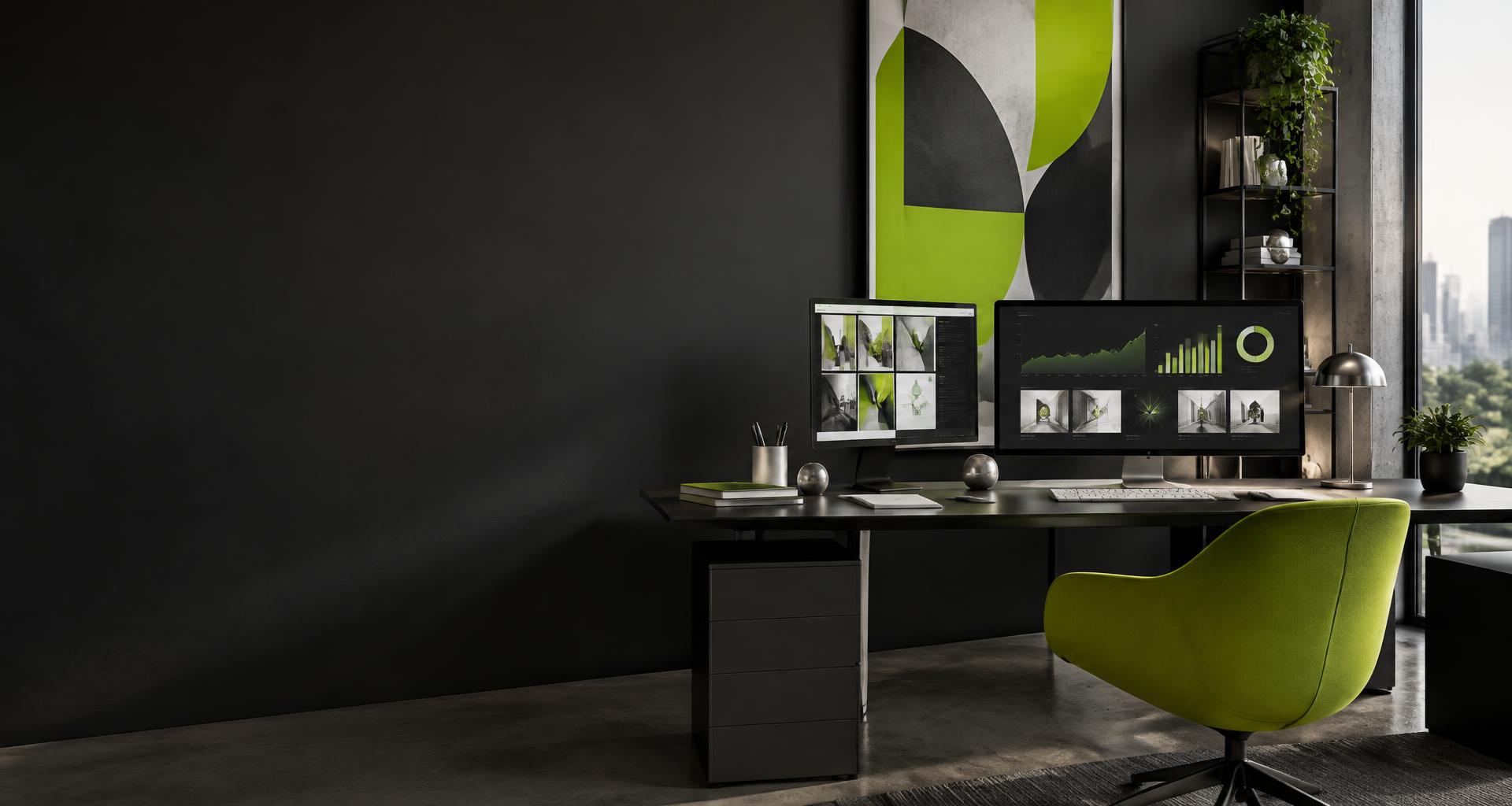 Illustrative creative studio with social campaign and analytics screens